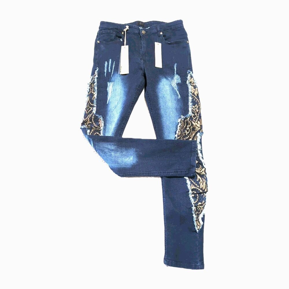 Reason RE5-150 Mens 38x32 Skinny Jeans Baroque Tapestry Distressed Stretch Denim